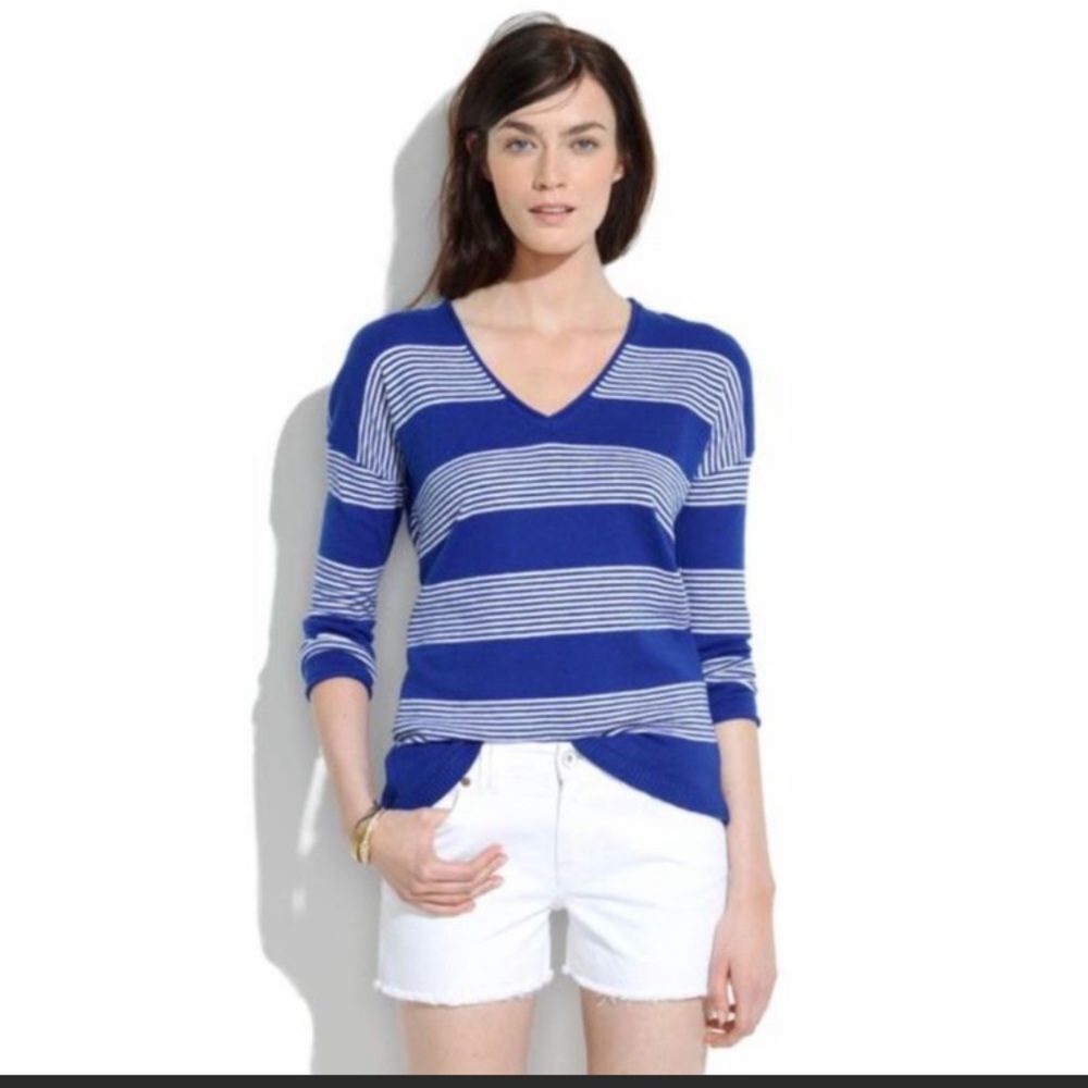 Madewell Deckhouse white & blue stripe v-neck 3/4 sleeve light sweater